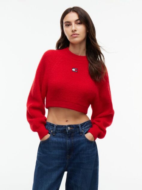 Red Tommy Badge Crop Jumper With Alpaca  Women