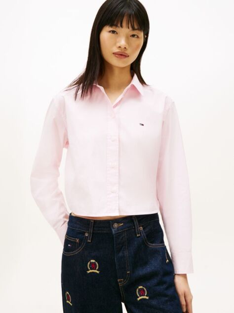 Pink Relaxed Fit Cropped Poplin Shirt  Women