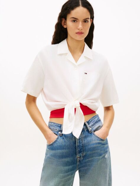 White Relaxed Fit Linen Blend Tie Front Shirt  Women