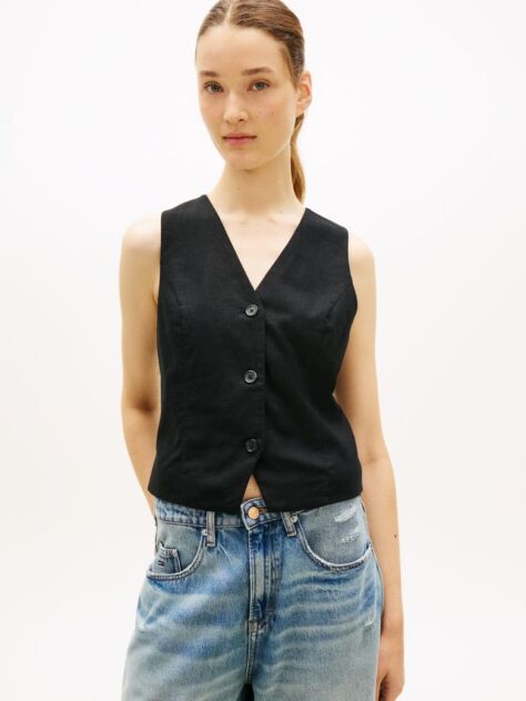 Black Linen Blend Waistcoat  Women
