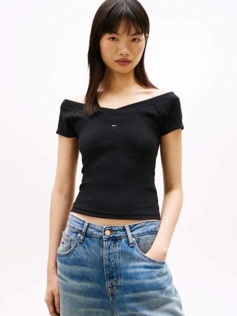 Black Off-The-Shoulder Ribbed Slim Top  Women