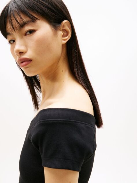 Black Off-The-Shoulder Ribbed Slim Top  Women