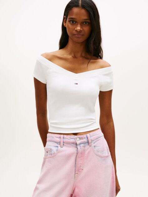 White Off-The-Shoulder Ribbed Slim Top  Women