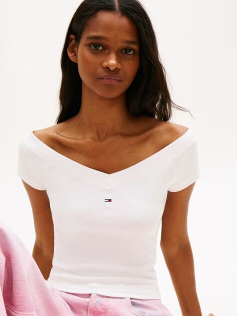 White Off-The-Shoulder Ribbed Slim Top  Women