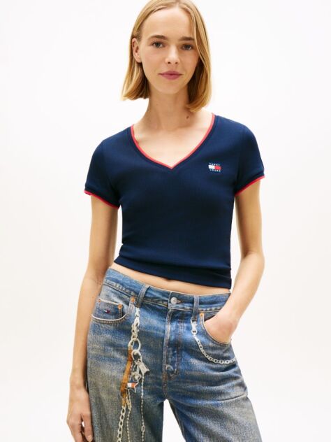 Blue Tommy Badge Low V-Neck Slim T-Shirt  Women