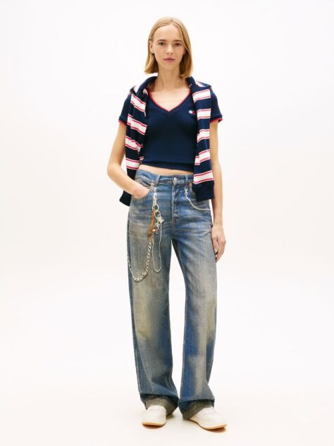 Blue Tommy Badge Low V-Neck Slim T-Shirt  Women