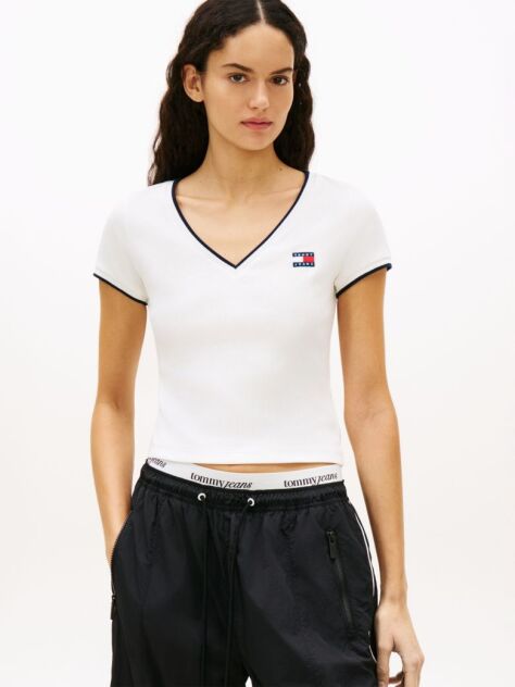 White Tommy Badge Low V-Neck Slim T-Shirt  Women