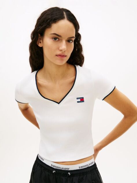 White Tommy Badge Low V-Neck Slim T-Shirt  Women