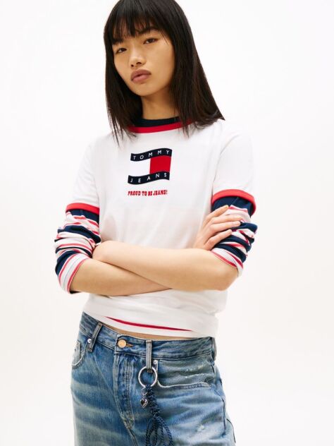 White Wavy Flag Contrast Ringer T-Shirt  Women