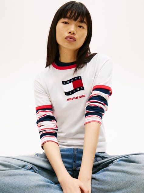 White Wavy Flag Contrast Ringer T-Shirt  Women
