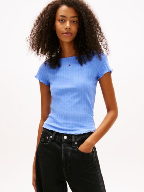 Blue Ruffle Ribbed Slim Boat Neck Top  Women