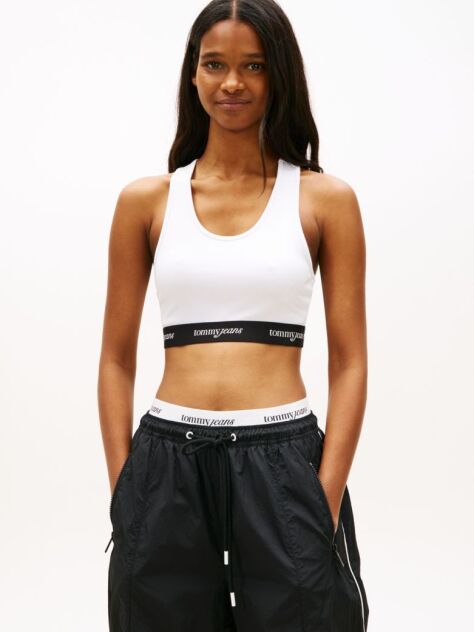 White Repeat Logo Tape Racerback Bra Top  Women