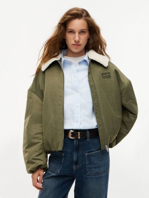 Πράσινο Τζάκετ Bomber Oversized Με Γιακά Από Συνθετική Γούνα  Γυναίκες