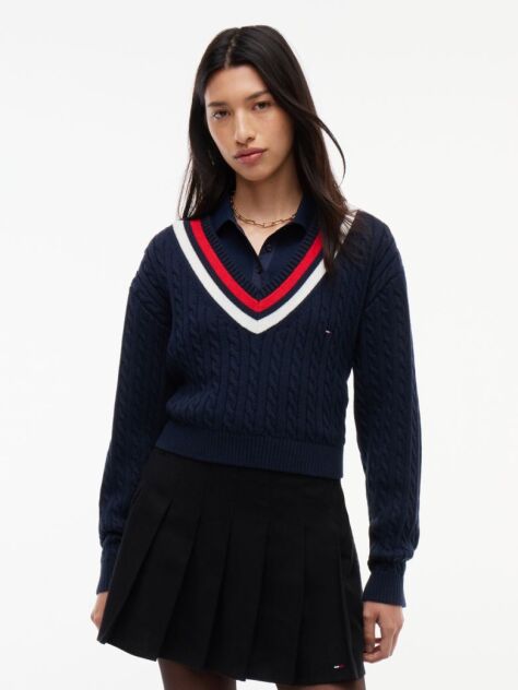 Blue Cable Knit Oversized V-Neck Jumper  Women