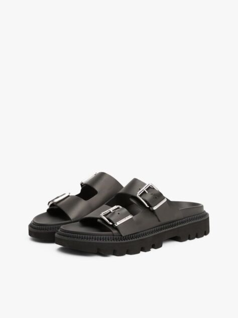 Black Leather Double Strap Cleat Sandals  Women