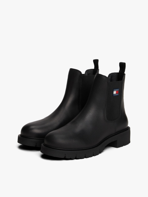 Black Leather Cleat Chelsea Boots  Women