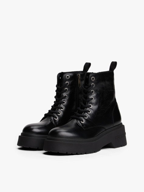 Black Shiny Leather Chunky Cleat Mid Boots  Women