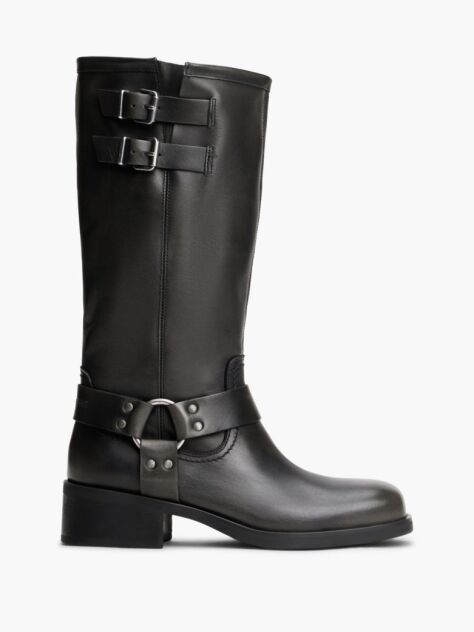 Black Leather Knee High Biker Boots  Women