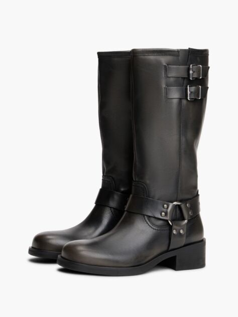 Black Leather Knee High Biker Boots  Women