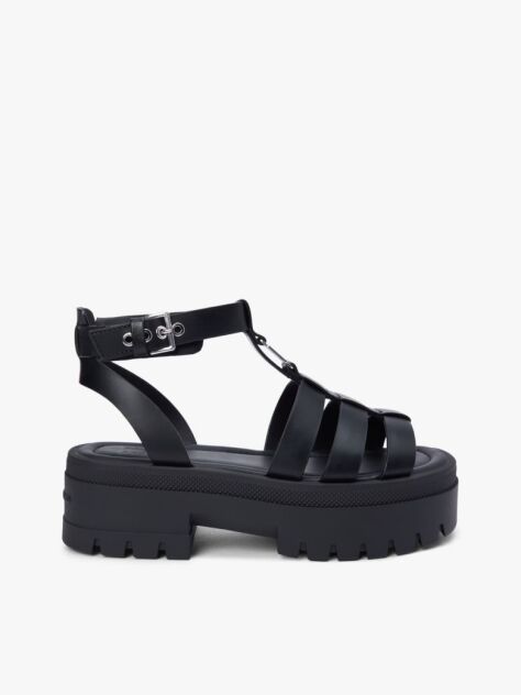 Black Leather Chunky Cleat Fisherman Sandals  Women