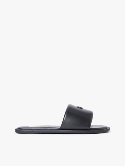 Black Leather Padded Strap Slides  Women