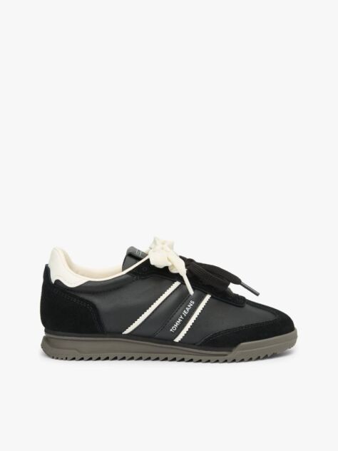 Black Leather Low Profile Serrated Trainers  Women