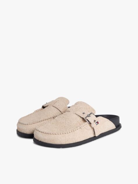 Beige Textured Suede Buckle Mules  Women