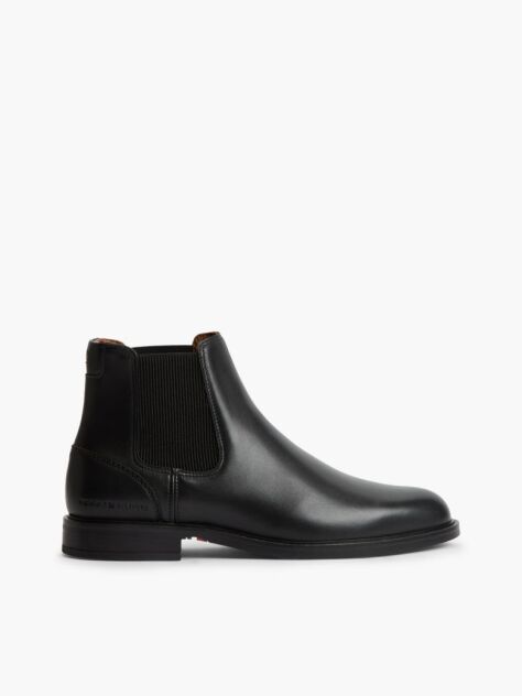 Black Leather Rubberised Flag Chelsea Boots  Men