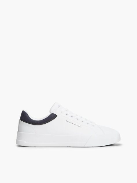 White Mixed Texture Court Sneakers With Leather  Men