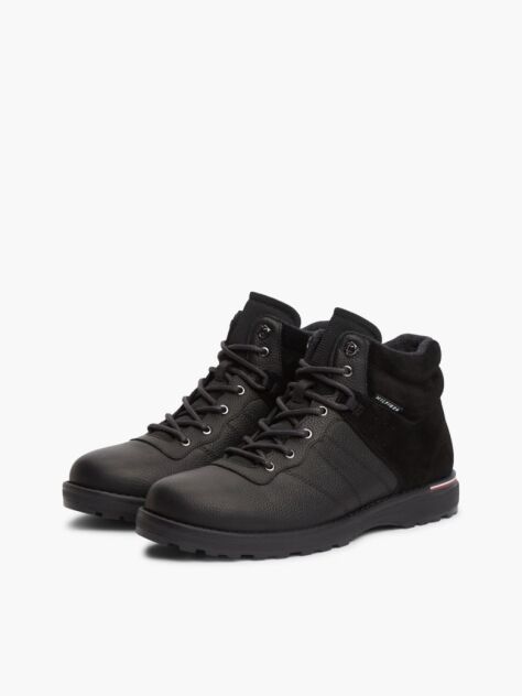 Black Leather Outdoor Cleat Mixed Texture Boots  Men