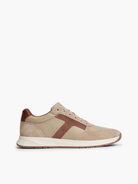 Beige Leather Mixed Texture Sneakers  Men
