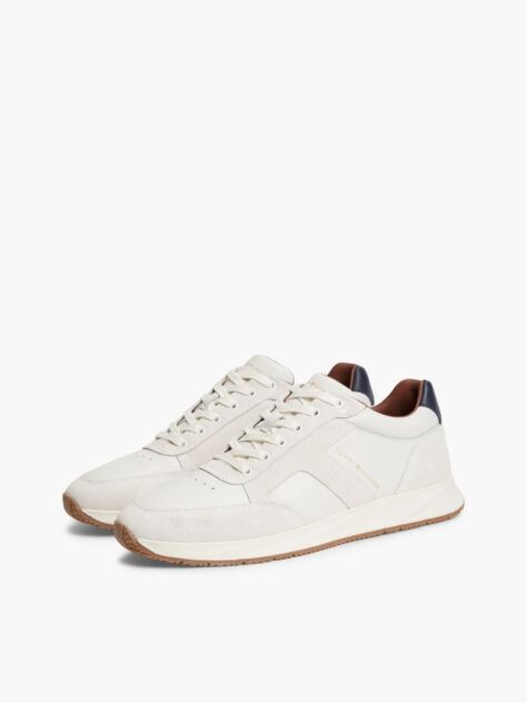 Beige Leather Mixed Texture Sneakers  Men