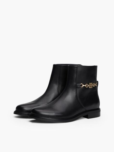 Black Leather Chain Hardware Ankle Boots  Women