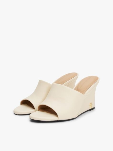 Beige Leather TH Monogram Plaque Wedge Mules  Women