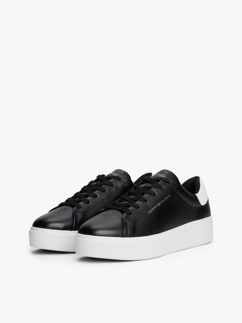 Black Leather Contrast Heel Platform Trainers  Women