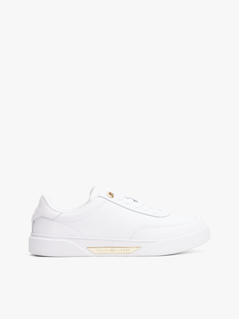 White Leather Gold-Tone Trim Court Trainers  Women