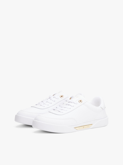 White Leather Gold-Tone Trim Court Trainers  Women
