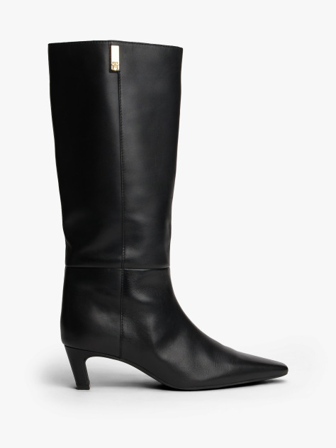 Black Leather Square Toe Kitten Heel Boots  Women