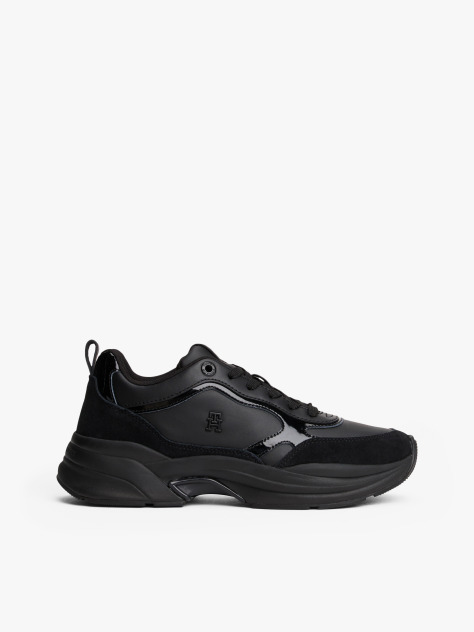 Black Leather Patent Chunky Trainers  Women