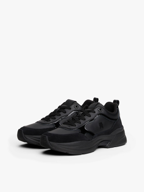Black Leather Patent Chunky Trainers  Women