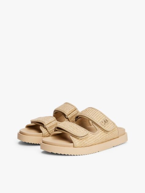 Beige TH Monogram Raffia Buckle Cleat Sandals  Women