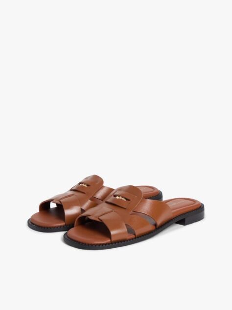 Brown Leather Crest Square Toe Sandals  Women