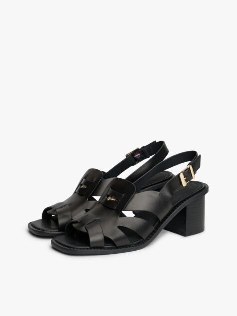 Black Leather Crest Block Heel Sandals  Women