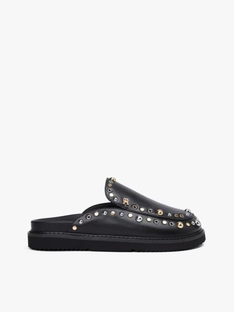 Black TH Monogram Stud Embellished Leather Mules  Women