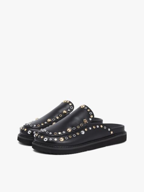 Black TH Monogram Stud Embellished Leather Mules  Women