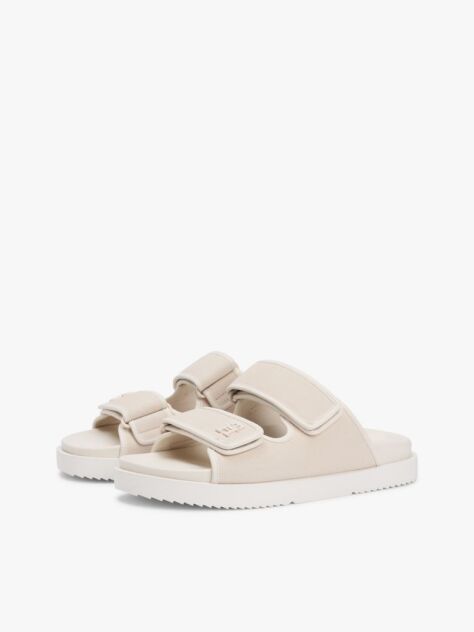 Beige Leather Double Strap Serrated Sandals  Women