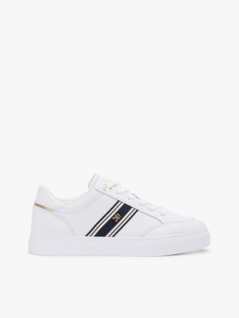 White Leather Webbing Strap Cupsole Trainers  Women