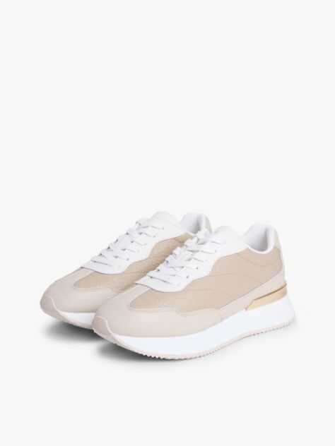 Μπεζ Δερμάτινα Sneakers Με Μίξη Υφών Και Μονόγραμμα TH  Γυναίκες