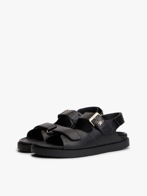 Black Leather TH Monogram Buckle Cleat Sandals  Women
