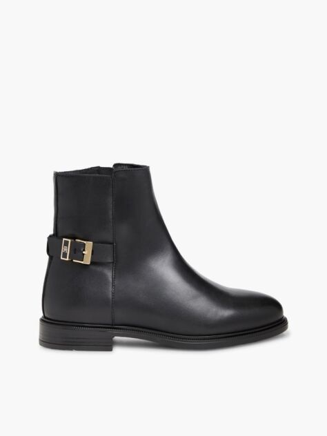 Black Leather TH Monogram Buckle Ankle Boots  Women